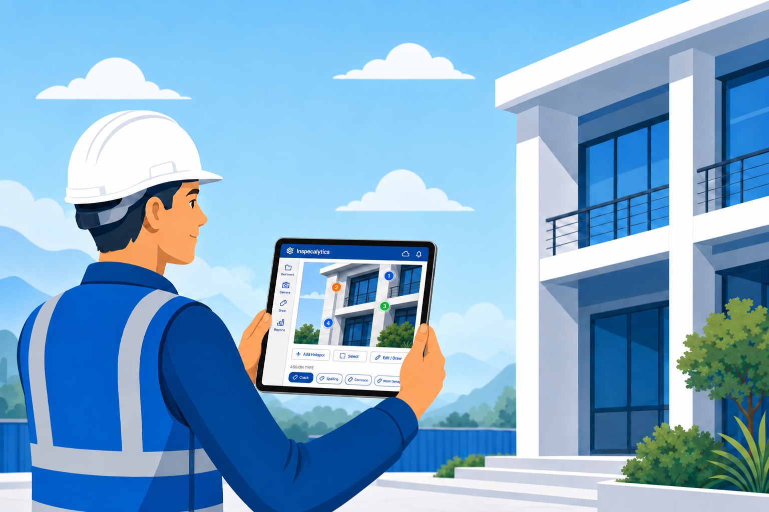 Field inspector capturing photos on a tablet at a building site