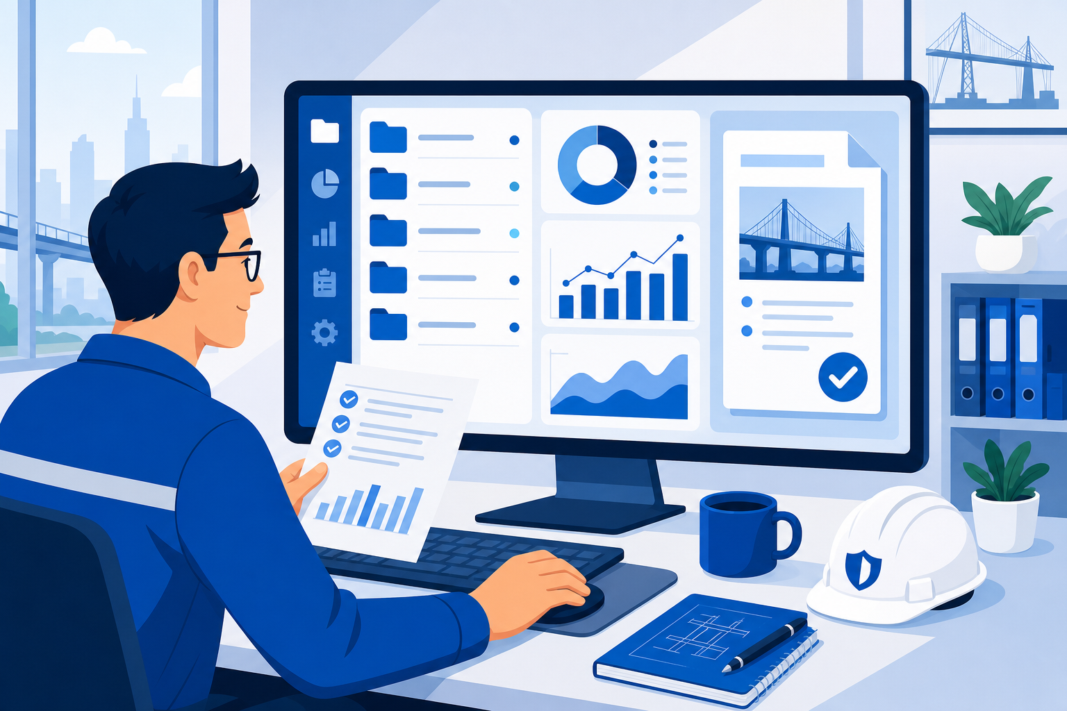 Engineer reviewing organized inspection reports and analytics in the office
